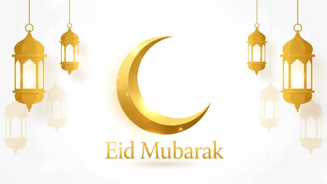 Golden crescent moon and lanterns with Eid Mubarak greeting on white background.