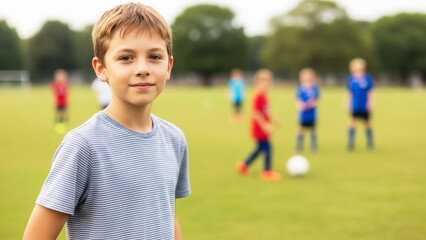 Caucasian boy watching others play soccer in park, childhood curiosity and community in outdoor activity