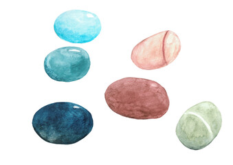 Naklejka premium Hand-painted watercolor sea stones and balanced pebbles stack isolated on transparent. Zen-style nautical elements in a muted nordic palette. Artistic stone clipart set