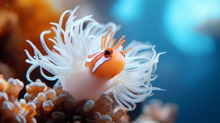 Striking Clownfish Portrait Vibrant Orange and White Against Anemones Delicate Tentacles.