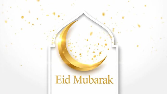 Elegant Eid Mubarak greeting card with golden crescent moon and mosque arch on a white background with glitter.