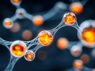 Abstract network of glowing orange spheres interconnected by delicate white web-like structures against a dark blurred background representing futuristic technology or mo