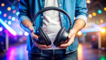 Energetic shot of a man holding headphones, illuminated by colorful stage lights in a dark venue.