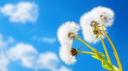 Two Dandelion Seed Heads Against a Bright Blue Sky with Clouds.
