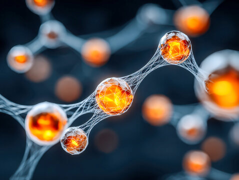 Abstract network of glowing orange spheres interconnected by delicate white web-like structures against a dark blurred background representing futuristic technology or mo