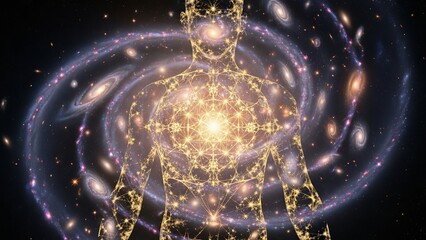 Cosmic human form universe embodied in light and energy against dark space