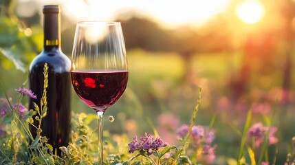 Wine Glass and Bottle in Meadow at Sunset Golden Hour.