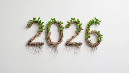 The year 2026, formed by growing roots and fresh green leaves, displayed in a bright, minimalist 3d render.