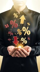 Person holding glowing percent signs and arrows representing growth and financial success