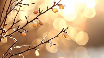 Winters Golden Touch Berries on Branches with Bokeh Sunlight.