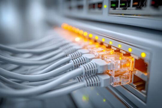 Network switch with multiple connected ethernet cables and glowing indicator lights representing high-speed data transfer and internet connectivity in a server room