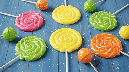 Colorful swirl lollipops on blue wooden surface