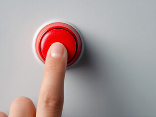 Finger pressing a red emergency stop button on a gray control panel to signify urgent shutdown or alert in a safety and industrial environment