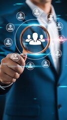 Analyzing human resources with a magnifying glass and network of people icons