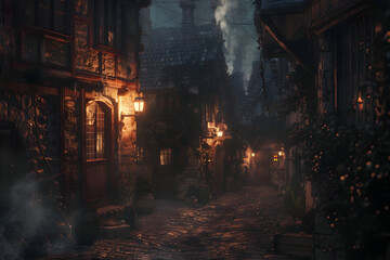 Rustic inn and torches lighting a cobblestone street at night