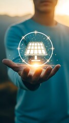 A person holding a glowing solar panel icon in their outstretched hand representing clean energy