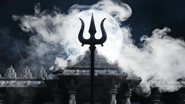 High-contrast, mysterious shot of shiva's sacred trishula trident standing against a smoky full moon above a dark temple.