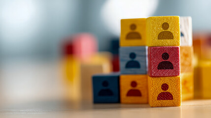 Colorful wooden blocks stacked on a table symbolizing teamwork and community with human icons representing diverse collaboration and unity concepts in business or ed