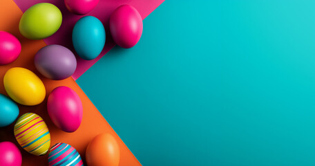 Colorful Easter eggs arranged on a vibrant, geometric background with space for text on the right. Bright, festive, and perfect for holiday-themed designs.
