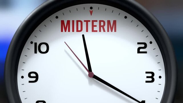 Midterm  that is going to happen soon. Upcoming midterm , approaching in the near future. Midterm  almost here, in a short time - a clock symbolizes a reminder that midterm  is near.