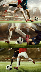 Soccer action collage with players tackling and kicking ball in stadium. Concept of sports advertising, social media content, match promotions, athletic branding, dynamic visuals for digital campaigns