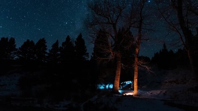 Campsite at night timelapse stars 