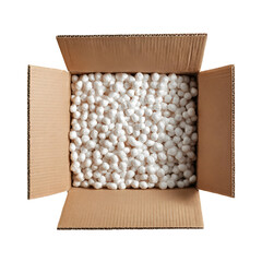 Open cardboard box filled with foam peanuts isolated on transparent background