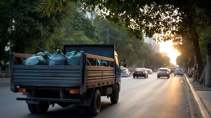 A truck is driving down a street with a large amount of trash in the back
