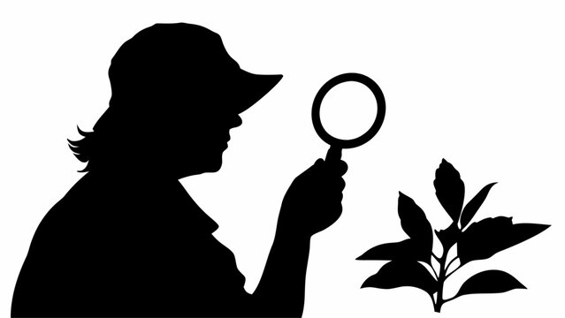 A person wearing a hat is closely examining a plant with a magnifying glass in silhouette.