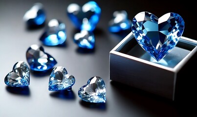 Collection of blue heart shaped gems sparkling placed in small white gift box