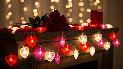 Romantic heart shaped christmas lights on a mantel