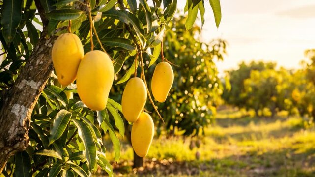Several fruit thai yellow mango on the branches of mango trees against the backdrop of mango groves bathed in the warm light of the setting sun. Slow cinematic camera movement across the scene.