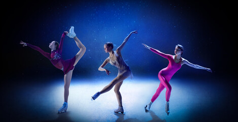 Figure skating women performance collage on illuminated ice rink. Concept of artistic sports branding, elegance, winter events promotion, social media storytelling and creative visual content.