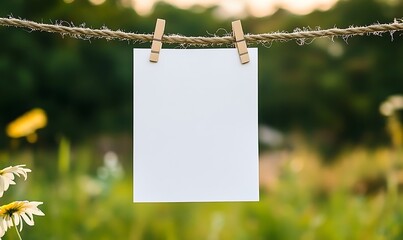 Close up shot of blank white square paper attached to rope with clothes pegs