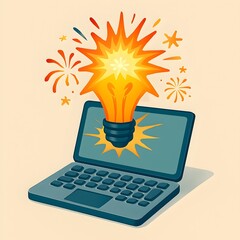 A bright idea bulb bursts above a laptop, symbolizing creativity and inspiration. The scene captures a moment of brainstorming and innovation at a workspace