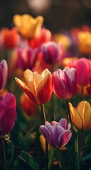 Fototapeta premium Vibrant Tulips in Full Bloom - A Colorful Springtime Display.