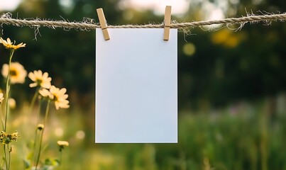 Paper card hanging with clothespins on rope with blurred natural background