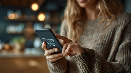 A person interacts with a smartphone displaying digital shopping cart icons, emphasizing online shopping and technology in a modern environment.