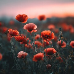 Obraz premium Vibrant Poppy Field at Sunset - A Serene Landscape of Red Blooms.