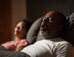 Senior man snoring loudly next to a woman in bed.