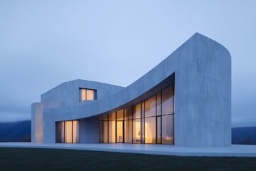 Fototapeta premium Sculptural brutalist home featuring smooth monolithic concrete design, expansive glass windows, and a striking silhouette against a twilight sky, showcasing modern architectural elegance