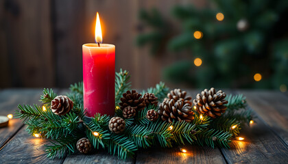 Christmas background - First Advent Sunday - Red Advent candle with natural Xmas decoration, branches and pine cones on rustic wood with magic lights. White tone