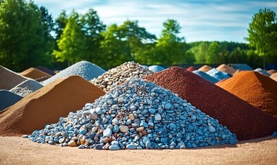 Scenery of assorted piles of gravel stones for landscaping under daylight