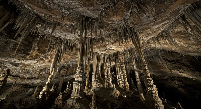 Stalactites Forming Natural Stone Structures Inside a Dark Cave