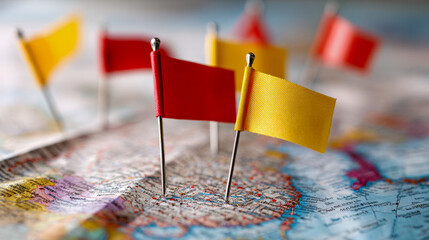 Various red and yellow flag markers pinned on a detailed paper map symbolizing locations and destinations for travel planning or strategic mapping purposes