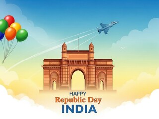 Obraz premium Republic day india illustration with gateway of india and airplane flying by