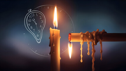 A candle with a melting clock and light bulb on a dark background