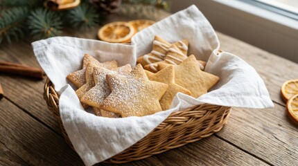 Star cookies in decorative basket with linen on wooden table  