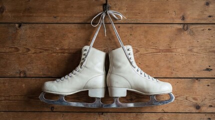 Ice skates hanging on wooden wall in rustic style and neutral colors  