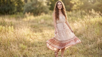 Fashionable girl in flowy boho dress twirling in sunny meadow  
